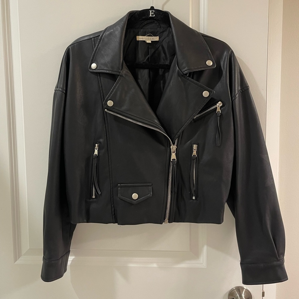 Black faux leather jacket with silver hardware